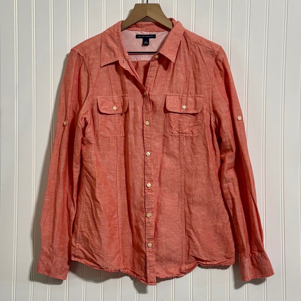 Banana Republic Women 14 Apricot Linen Cotton‎ Shirt Modern Uniform Utility